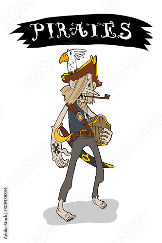 Sly skinny pirate with a parrot, a chest and a pipe. Color illustration, suitable for a poster, t-shirt print, children's printed materials.