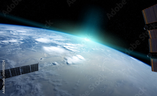 Fototapeta Naklejka Na Ścianę i Meble -  View of planet Earth from a space station window during a sunrise 3D rendering elements of this image furnished by NASA