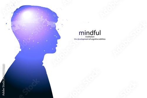 Profile of a young man with mental activity brain and consciousness, with the cosmos as a brain.