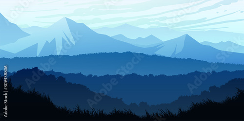 Natural forest trees mountains horizon hills Sunrise and sunset Landscape wallpaper Illustration vector style Colorful view background