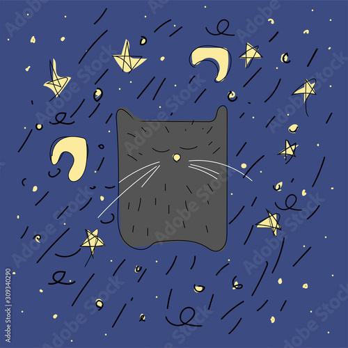 Black cat sleeping on a background of the night sky. The moon, the stars. Seamless pattern.