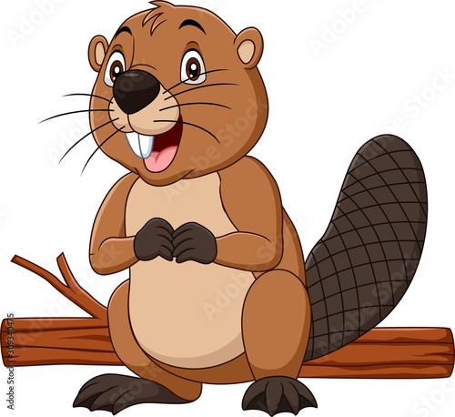 Cartoon happy beaver with wood