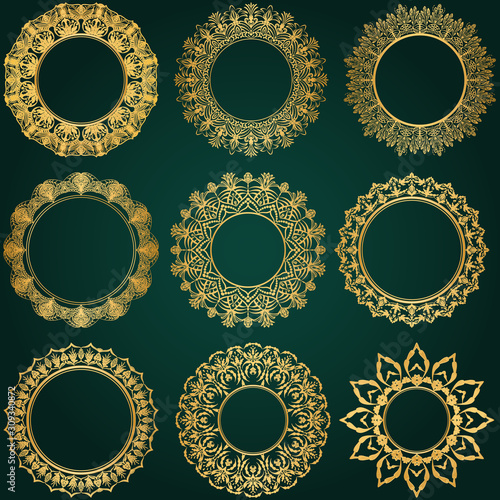 Set of round golden frames. Nine luxurious lace openwork frames for photos, mirrors, paintings on a green background. Vector