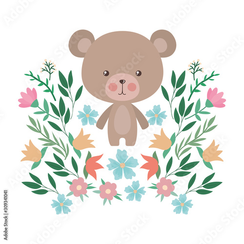 Cute bear with flowers and leaves vector design