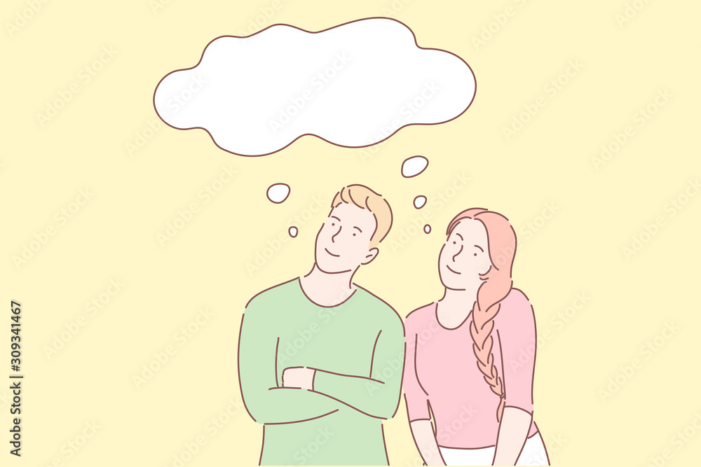 Plakat Common dreams, similar thoughts, sharing views concept. Happy family couple having same plans. Daydreaming metaphor. Boyfriend and girlfriend total understanding. Simple flat vector