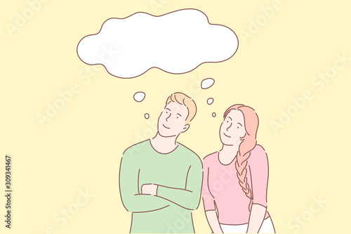 Common dreams, similar thoughts, sharing views concept. Happy family couple having same plans. Daydreaming metaphor. Boyfriend and girlfriend total understanding. Simple flat vector