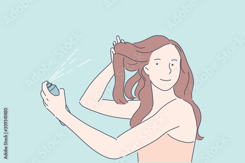 Making hairdo, hair volume, beauty procedure concept. Young lady using hair spray. Pretty woman, model demonstrating hairspray, dry shampoo efficiency. Beauty industry product. Simple flat vector