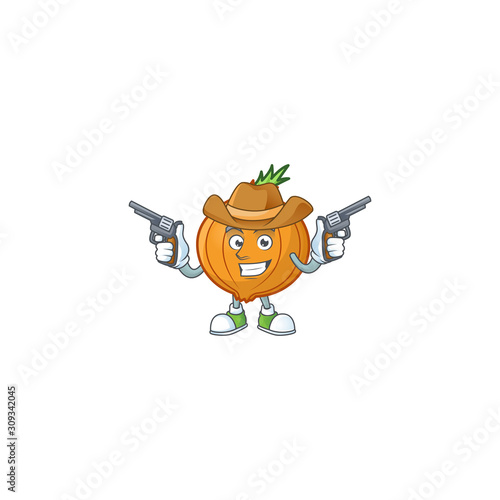 Smiling shallot mascot icon as a Cowboy holding guns