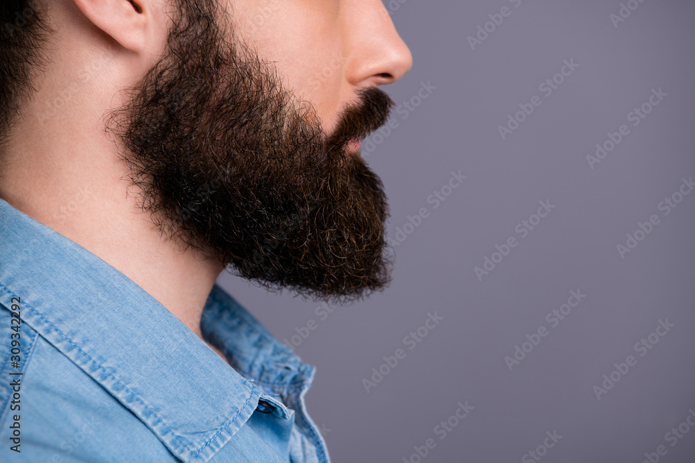 Obraz premium Cropped profile side photo of focused guy look copy space show his groomed beard after spa salon bodycare procedure wear stylish jeans outfit isolated over grey color background