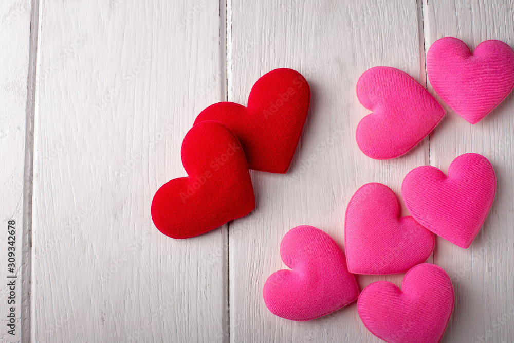 Valentines Day Hearts on a white wooden. Background. Valentine concept Valentines Day Hearts on a white wooden. Background. Valentine concept