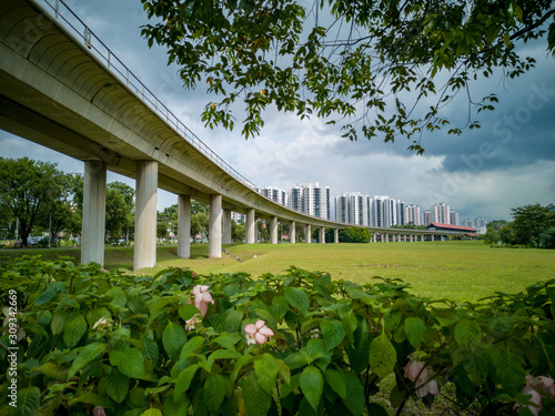 Photography Train bridge in Jurong, Singapore, with green vegetation in front and blue cloud