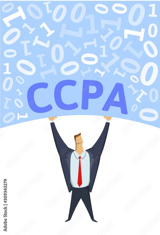 CCPA, California Consumer Privacy Act. Strong man holding bulk of digital data above his head on white background. Flat vector illustration. Vertical. CCPA, California Consumer Privacy Act. Strong man holding bulk of digital data above his head on white background. Flat vector illustration. Vertical.