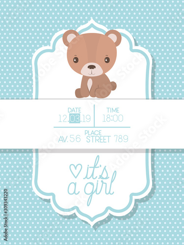 Baby shower invitation with bear cartoon vector design