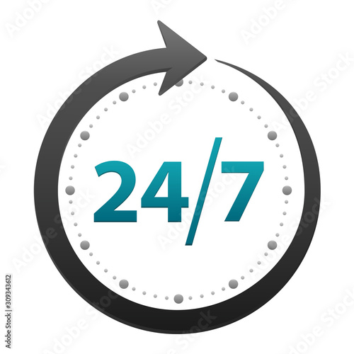 Open around the clock or 24 hours a day and 7 days a week icon or symbol isolated on white background. Vector illstration