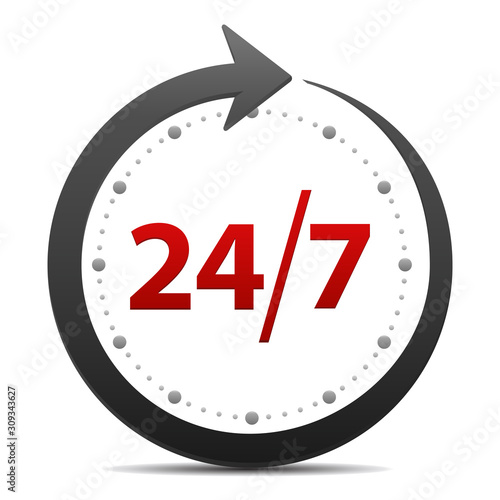 Open around the clock or 24 hours a day and 7 days a week icon or symbol isolated on white background. Vector illustration