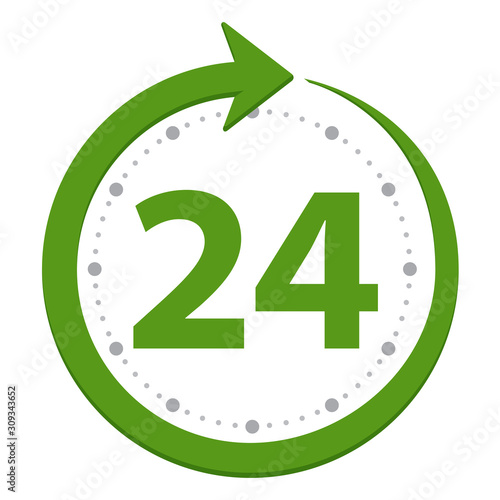 Open around the clock, 24 hours a day flat green stylized icon isolated on white background.