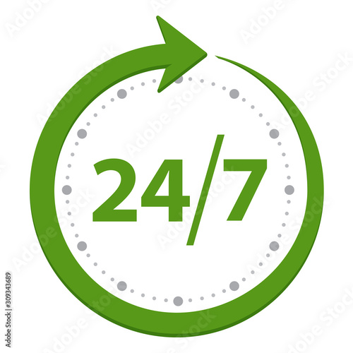 Open around the clock, 24 hours a day and 7 days a week flat green stylized icon isolated on white background.