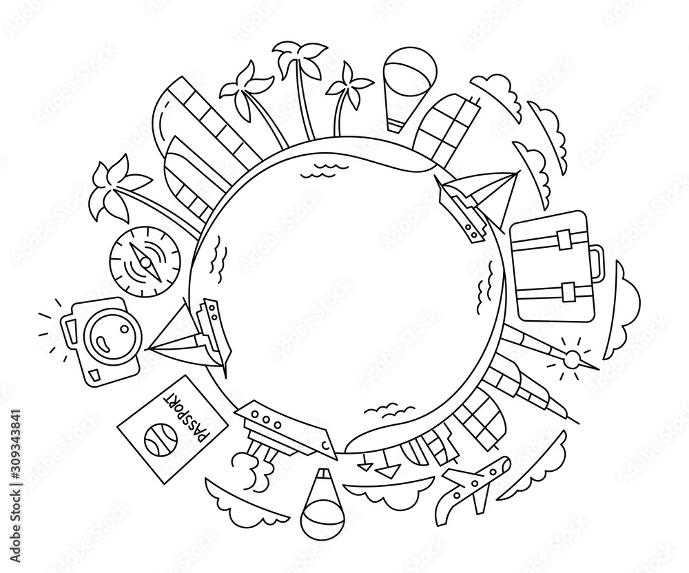 Obraz premium Circle traveling around the earth. Rest, vacation. Copy space. Sketch vector line contour. Place for text. Vector black line contour.