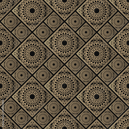 Islamic vector design. Seamless pattern oriental ornament. Black and golden textile print. Floral tiles.