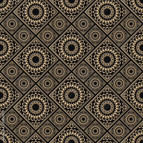 Islamic vector design. Seamless pattern oriental ornament. Black and golden textile print. Floral tiles.