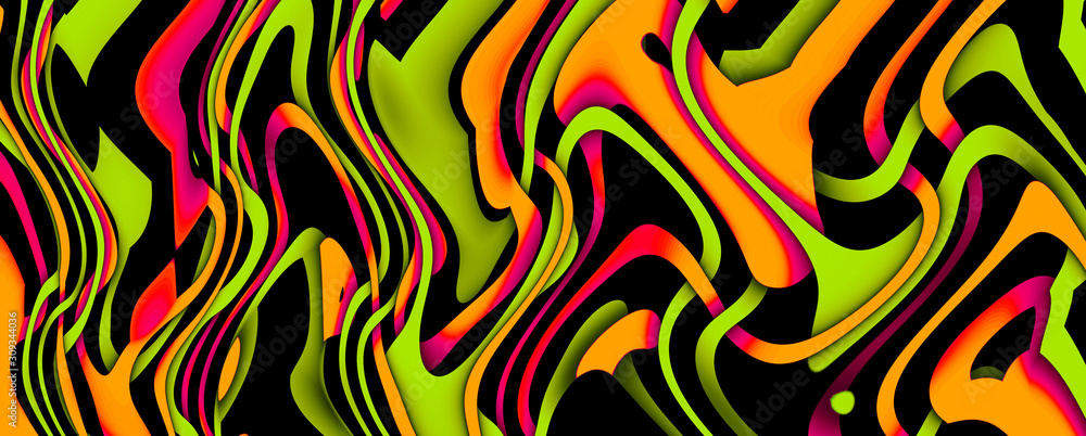 Multicolor glowing twisted lines on black background. Shiny neon fractal. Abstract psychedelic 3D illustration