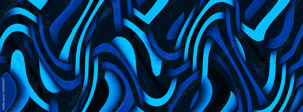 Fototapeta premium Blue twisted lines pattern. Shiny neon lines. Abstract wide illustration. 3d rendering 