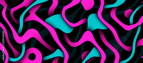 Multicolor glowing twisted lines on black background. Abstract psychedelic 3D illustration