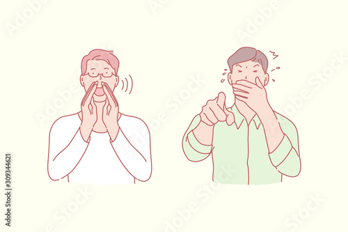 Shouting and laughing men, positive and negative emotion concept