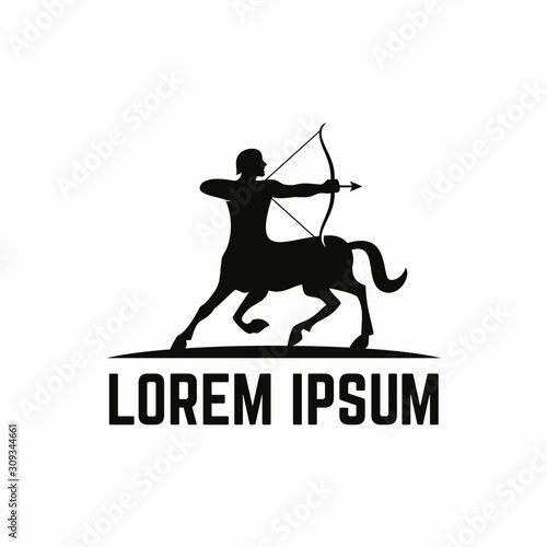 Centaur Archer Logo.  a mythological creature with the upper body of a human  holding a bow and arrow and the lower body and legs of a horse.