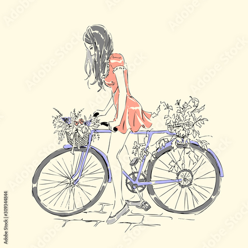 Fototapeta Naklejka Na Ścianę i Meble -  Card with girl riding a bike