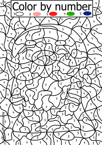 Color by number puzzle for kids. Smiling Santa Claus with gift bag coloring page illustration for preschool children. Winter holidays simple paper game.