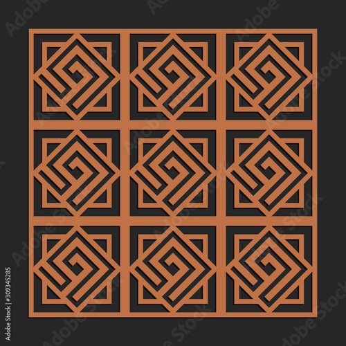 Laser cutting seamless tile. Greek meander panel. Jigsaw die cut ornament. Lacy cutout silhouette stencil. Fretwork maze pattern. Vector template for paper cutting, metal and woodcut.