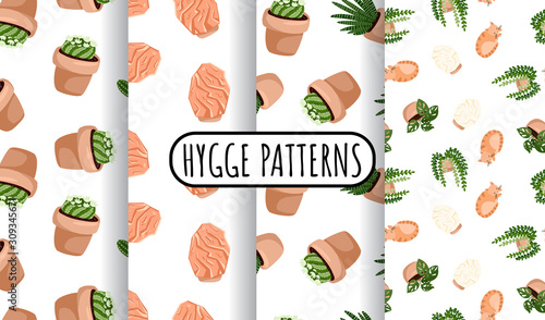 Hygge set of potted succulents plants and himalayan salt lamps seamless patterns. Cozy lagom scandinavian style texture background tiles