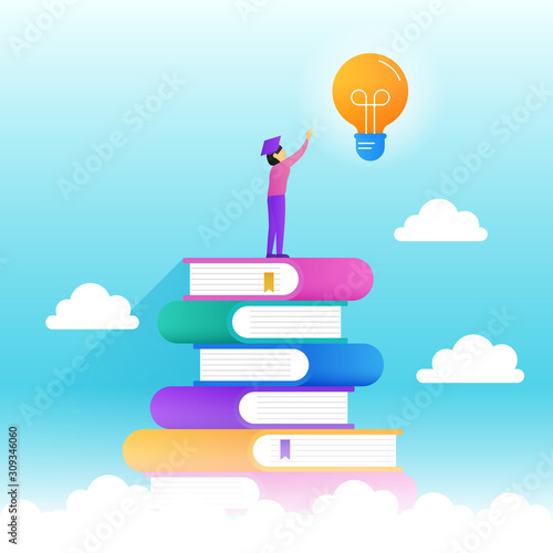 reaching education goal by hike up knowledge book mountain above the cloud poster background concept design. graduated collect light bulb symbol on the many stack of study books vector illustration