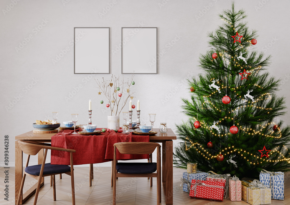 Christmas dining room with a Christmas tree and Christmas dinner table with Mock up posters