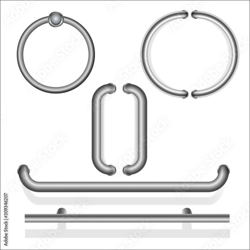 A set of metal door handles. Vertical pair of silver color pens. horizontal. in the shape of a circle. Reiki. Realistic. Isolated on white background. Vector illustration.