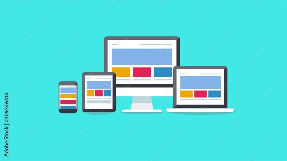 Responsive website displaying on different digital devices, including desktop, laptop, tablet, mobile concept. 2d animation, video clip.