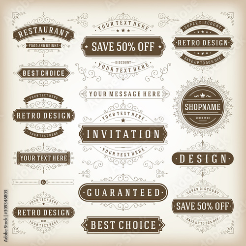 Vector vintage flourish ornament design elements labels or badges and ornate decoration frames set