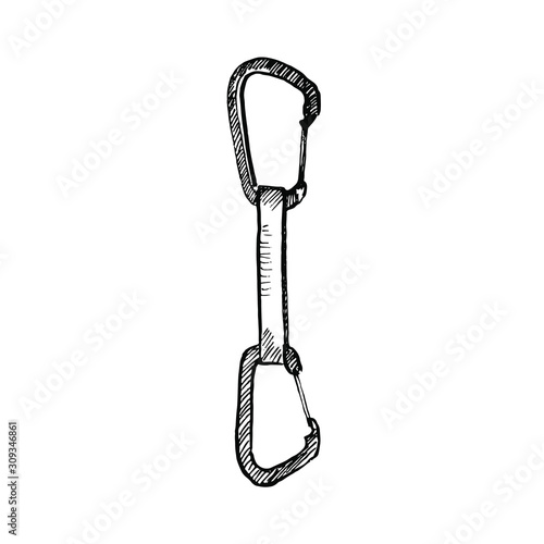 Hand drawn quickdraw carabiner for climbing isolated on white.