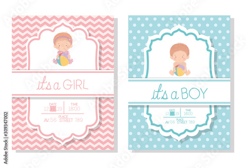 Baby shower invitation of girl and boy vector design