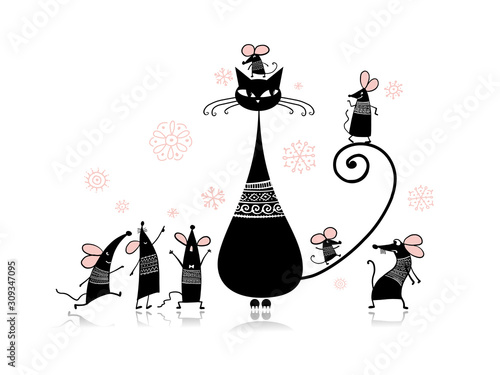 Funny mouse family with Mother cat, symbol of 2020 year. Banner for your design
