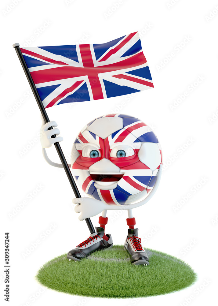 Obraz premium soccer ball character holding flag of great britain over white background
