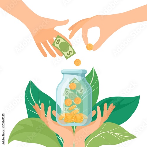 Fundraising, charity and money donation concept. Flat vector illustration for banner design