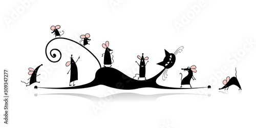 Funny mouse family with Mother cat, symbol of 2020 year. Banner for your design