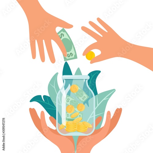 Fundraising, charity and money donation concept. Flat vector illustration for banner design