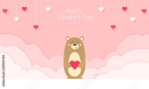 Happy Valentine's Day - Geschenkkarte, Süßer Bär hält Herz. Hintergrund in Papierschnitt, Wolken und Herzen hängen von der Decke Banner	