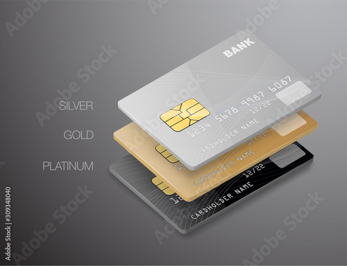 Set of credit cards isolated on grey background. Vector illustration. Ready for use in your design. EPS10.