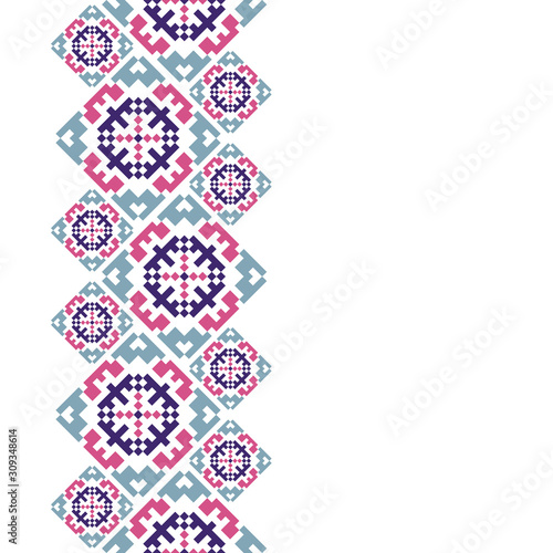 Tribal frame in american indian style. Seamless border for design. Ethnic tiled ornament on white background. Navajo pixel tiles.