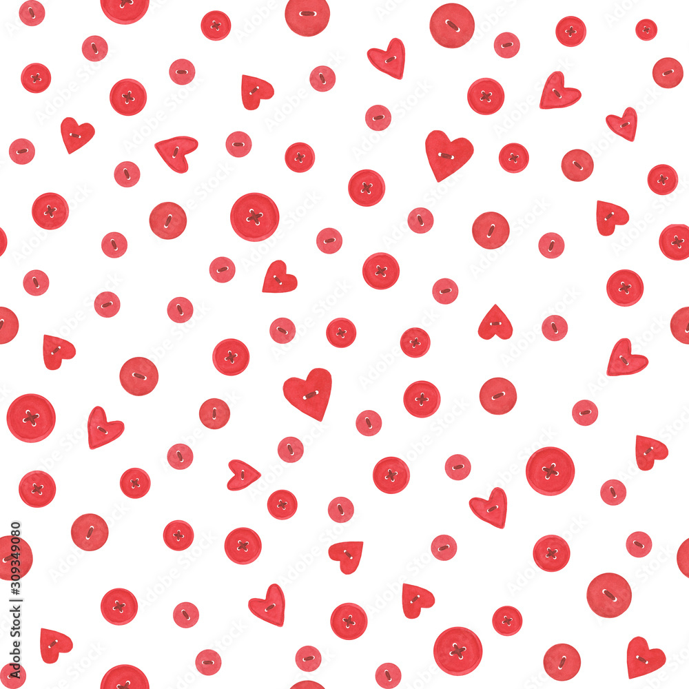 Seamless pattern with fabric hearts, watercolor painting. Valentine's day pattern. For design textile.