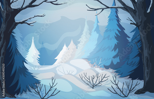 Winter landscape with snowy hills, bushes, trees and firs. Vector illustration